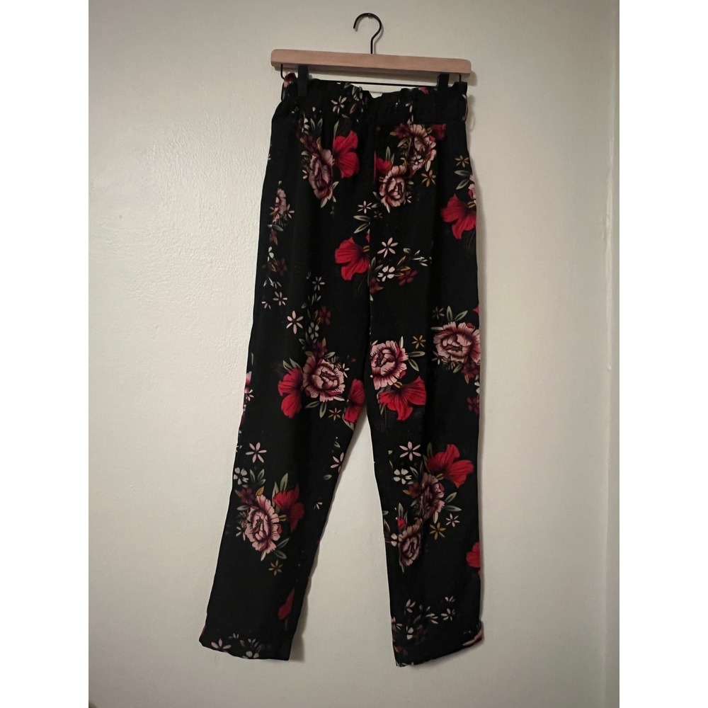 Womens Black Floral Paperbag Waist Straight Leg Pants Size Medium M US 6